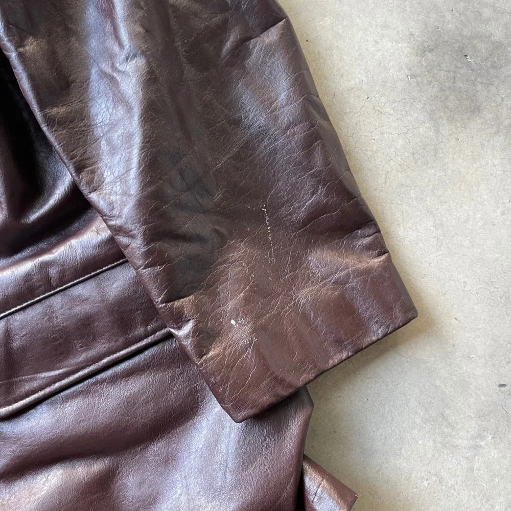 Vintage Dark Brown Leather Car Coat Mens Mid Length Button Front Jacket 25x31